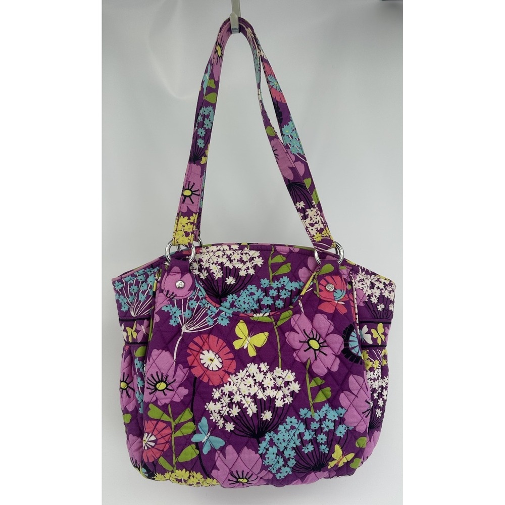 Vera Bradley Flutterby Purse Tote Shoulder Bag Zip Purple Flower Butterflies EUC - Picture 10 of 16